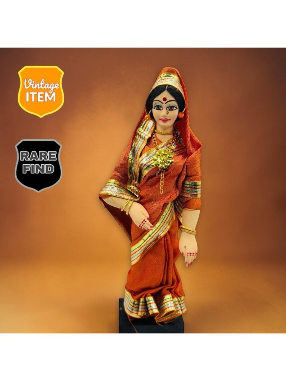 Vintage Folk Art Indian Woman Hindu Figurine. Authentic South Asia Clothes RARE!